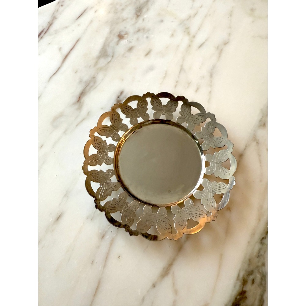 Vintage Silver Plated Dish With Butterflies Pierced Round 6" Vanity Tray